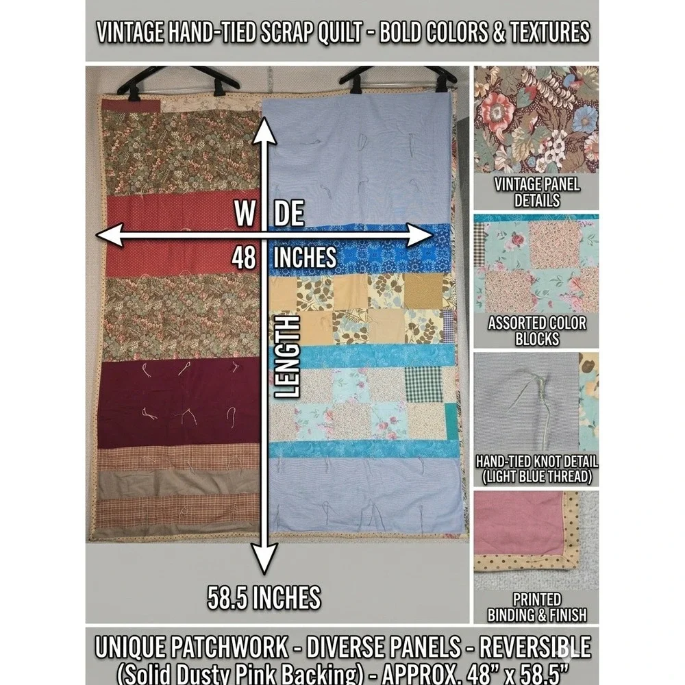 Vintage Hand Tied Scrap‎ Quilt Throw Reversible Solid Dusty Pink Backing 48x58.5